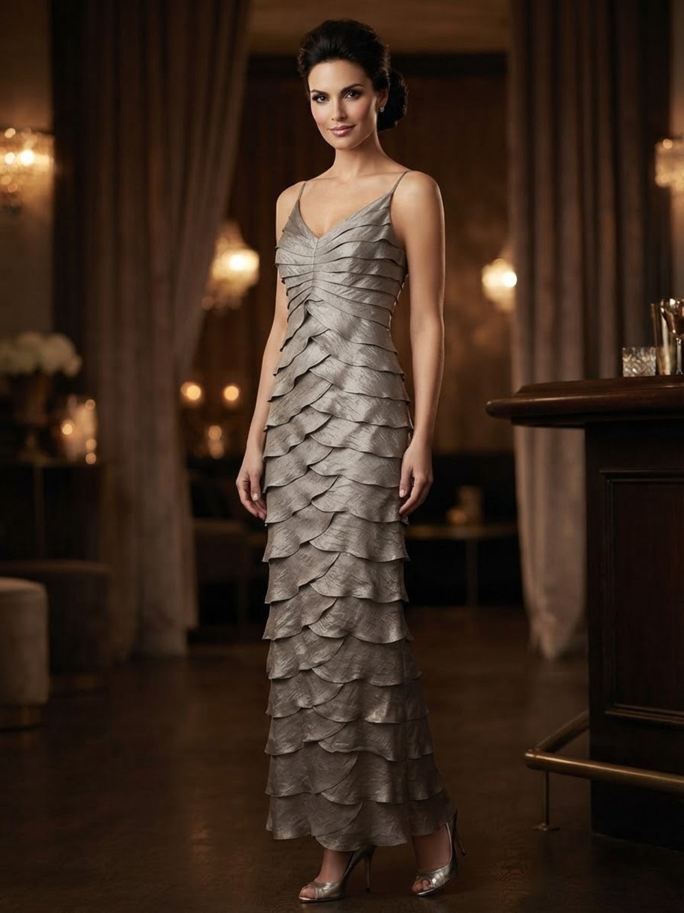Adrianna Papell Silver Tiered Ruffle Maxi Dress